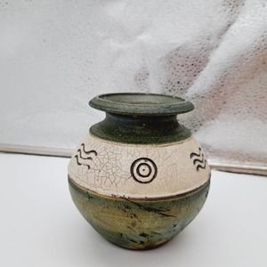 One of a Kind Volcano's Fire Raku Petroglyph Art Artist Signed Hand Formed Clay